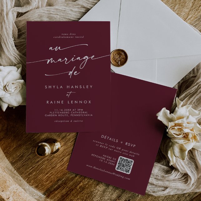 Invitación Boho Moda Borgoña Red QR Código francés Boda (Boho Chic Burgundy Red QR Code French Wedding Invitation)