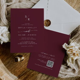 Invitación Boho Moda Borgoña Rojo Monograma QR Boda de código