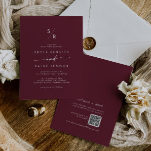 Invitación Boho Moda Borgoña Rojo Monograma QR Boda de código