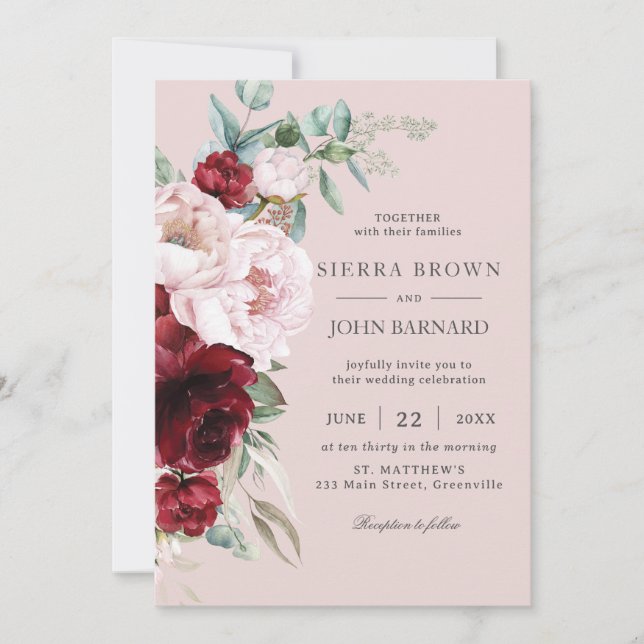 Invitación Boho Moda Borgoña Rubor Peonies Boda de flores (Anverso)
