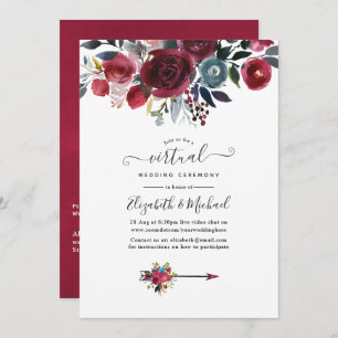 Invitación Boho Moda Borgoña y Boda virtual con flores de la