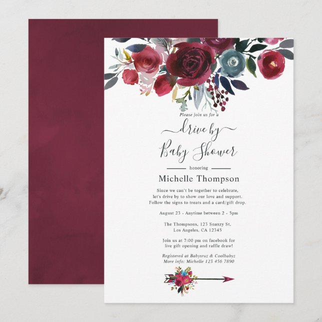 Invitación Boho Moda Borgoña y la floral de la marina manejan (Anverso / Reverso)
