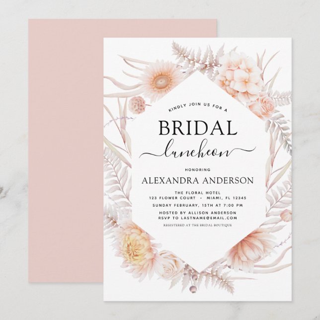 Invitación Boho Moda Bridal Shower Luncheon Dusty Desierto Ro (Anverso / Reverso)