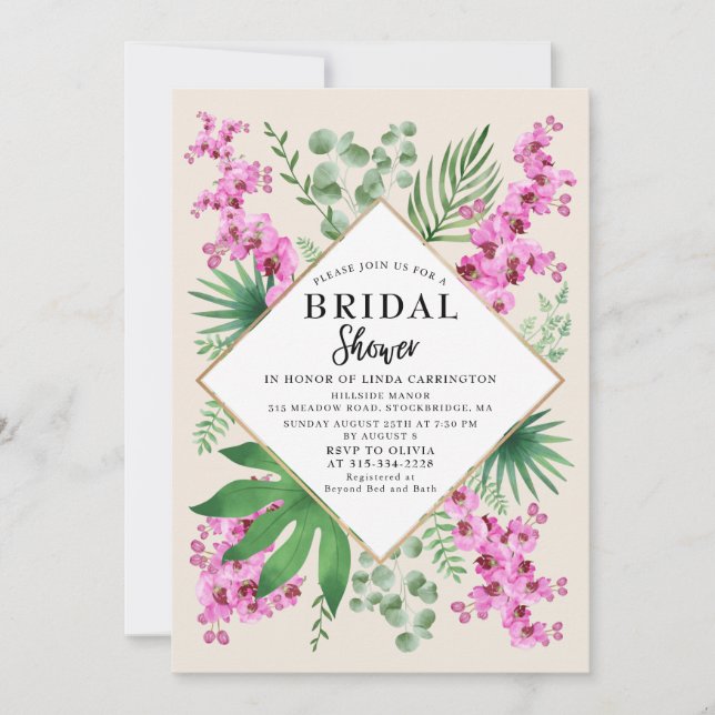 Invitación Boho Moda Bridal Shower Tropical Floral QR Código (Anverso)