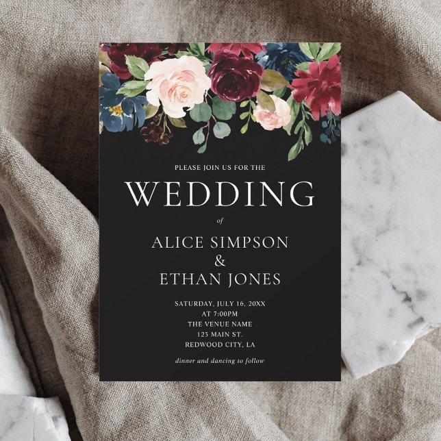 Invitación Boho Moda Burgundy Blue Flowers Boda (Subido por el creador)