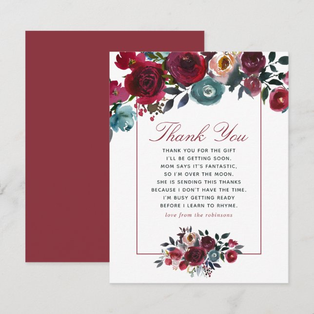 Invitación Boho moda burgundy y la marina Baby Shower Gracias (Anverso / Reverso)