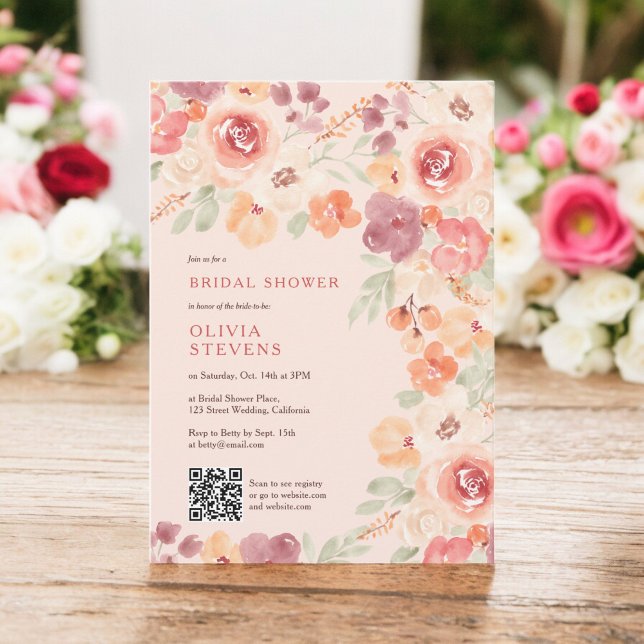 Invitación Boho moda caída durazno color de melocotón código  (Boho rustic fall peach blush qr code bridal shower invitation on blush)