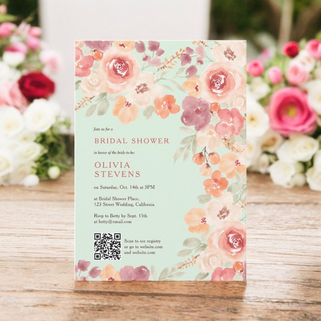 Invitación Boho moda caída menta de melocotón código qr ducha (Boho rustic fall peach blush qr code bridal shower invitation on mint)