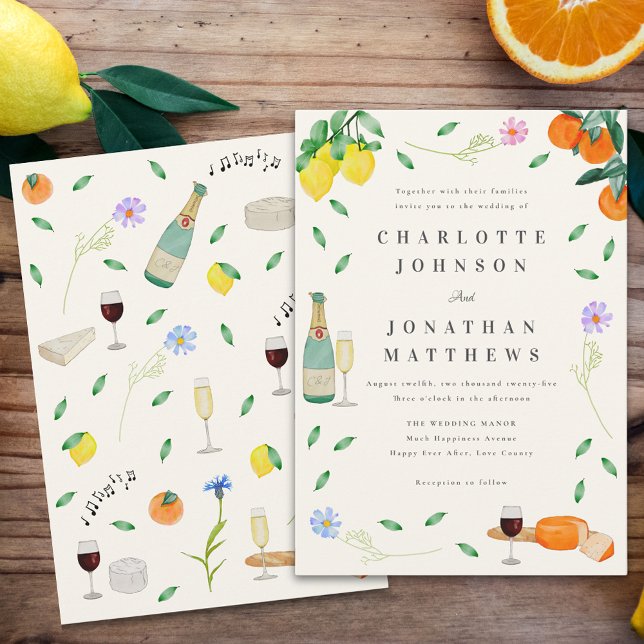 Invitación Boho Moda Citrus Boda de verano ruso (Boho citrus rustic summer wedding invitation hand painted watercolor wildflowers lemons oranges wine)