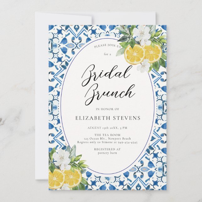 Invitación Boho Moda Citrus Tile azul italiano ducha de novia (Anverso)