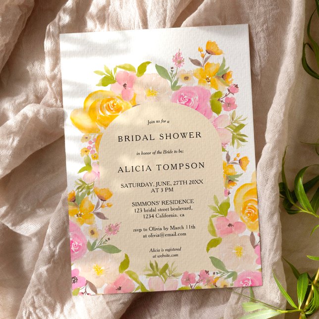 Invitación Boho moda de arco floral amarillo rosa amarillo du (Boho Yellow pink floral arch chic bridal shower Invitation)