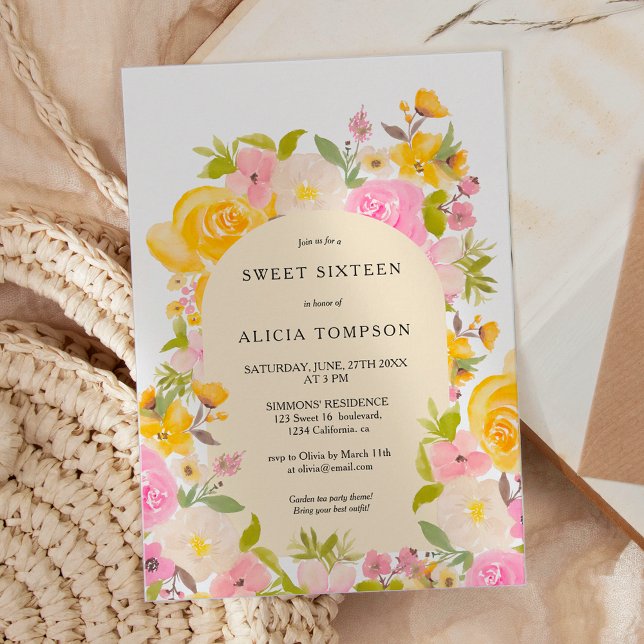 Invitación Boho moda de arco floral rosa amarillo dulce 16 (Boho Yellow pink floral arch chic Sweet 16 Invitation)