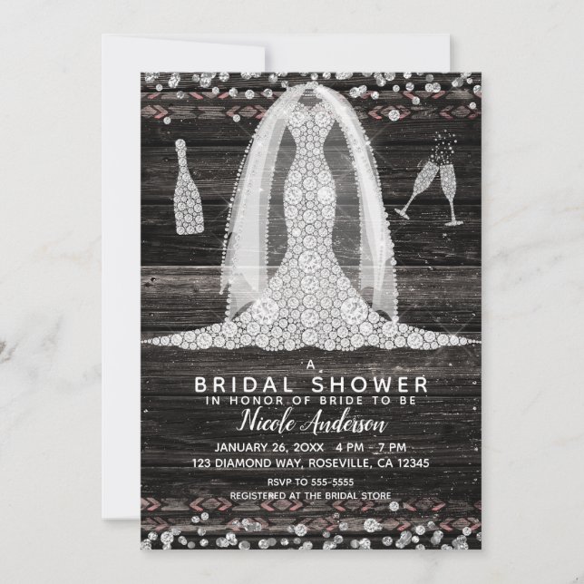 Invitación Boho Moda de madera Diamante Boda Vestido Bridal S (Anverso)