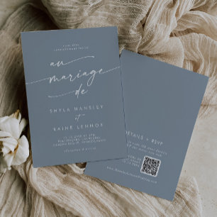 Invitación Boho Moda Dusty Azul Código QR Boda francés