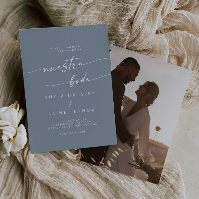 Invitación Boho Moda Dusty Blue Foto Boda español (Subido por el creador)