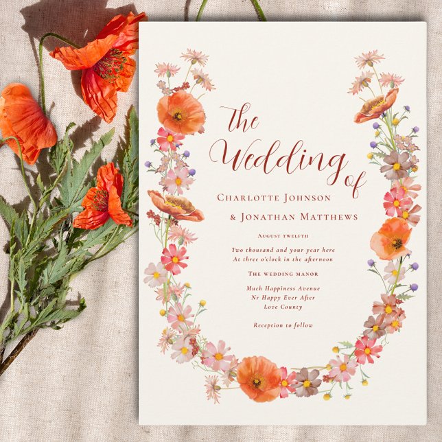 Invitación Boho Moda Flor silvestre Boda Caída (Boho wildflower elegant script wedding  invitation with orange watercolor floral)