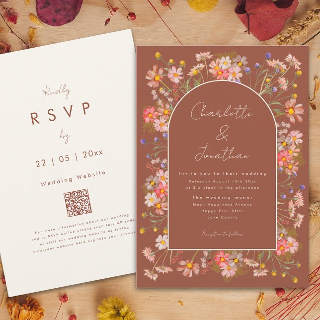 Invitación Boho Moda Floral Arco Quemado Naranja Boda Caída B (Boho chic wildflower arch terracotta burnt orange fall wedding invitation )