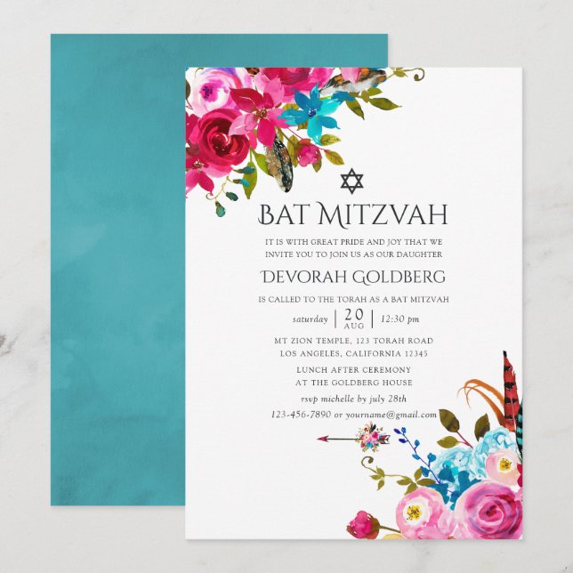Invitación Boho Moda Floral Bat Mitzvah (Anverso / Reverso)