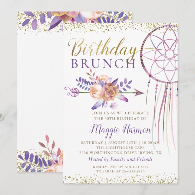 Invitación Boho Moda Floral Dreamcatcher Birthday Brunch (Anverso / Reverso)