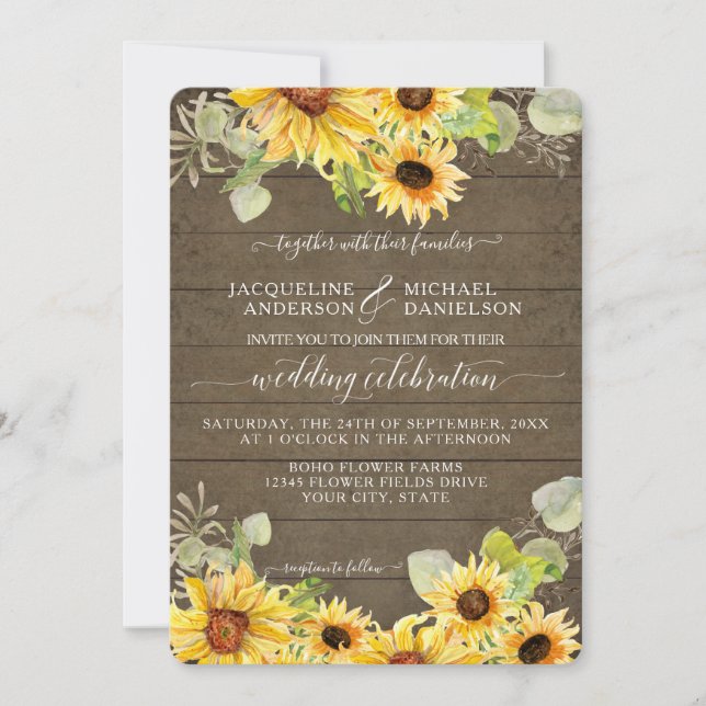 Invitación BOHO Moda Girasol Floral Eucalipto Boda de hojas (Anverso)