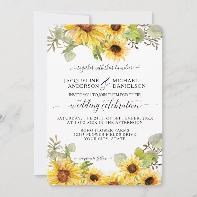 Invitación BOHO Moda Girasol Floral Eucalipto Boda de hojas (Anverso)