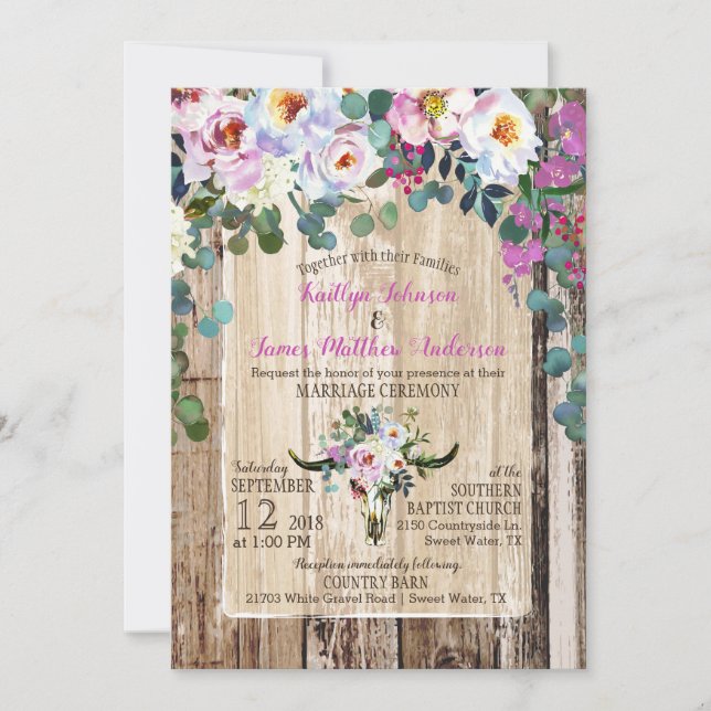 Invitación Boho Moda Longhorn Cow Skull Boda Floral (Anverso)