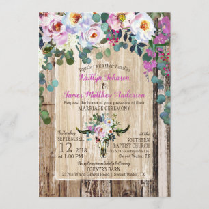 Invitación Boho Moda Longhorn Cow Skull Boda Floral