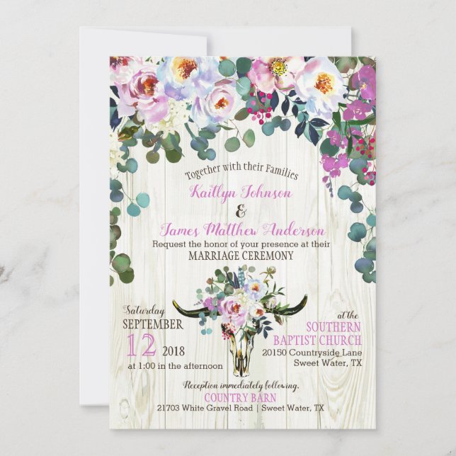 Invitación Boho Moda Longhorn Cow Skull Boda Floral (Anverso)