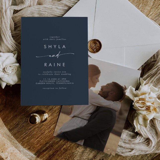 Invitación Boho Moda  Marina Oscura Boda fotográfico azul (Subido por el creador)
