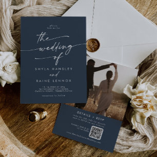 Invitación Boho Moda Marina Oscura Foto azul Boda de código Q