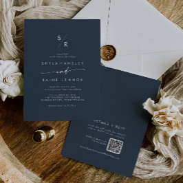 Invitación Boho Moda Marina Oscura Monograma Azul Boda de cód