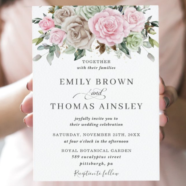 Invitación Boho Moda Marrón Boda Floral Verde Masaje Rosado (Subido por el creador)