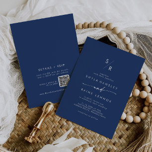 Invitación Boho Moda Monograma azul real Boda de código QR