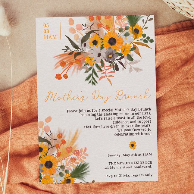 Invitación Boho moda naranja rústico girasoles día de madre (Subido por el creador)