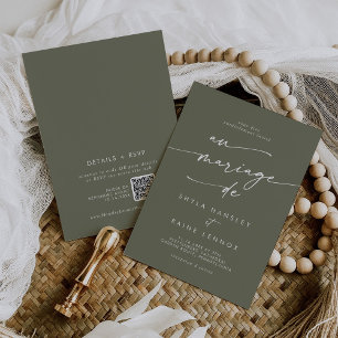 Invitación Boho Moda Olive Green QR Code Boda francés