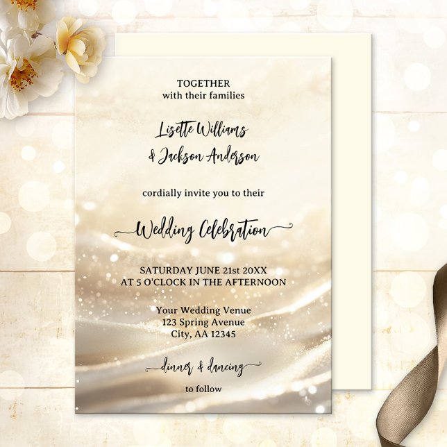 Invitación Boho Moda Oro Sparkling Elegante Boda (Elegant boho chic wedding invitation featuring an abstract gold sparkle design)