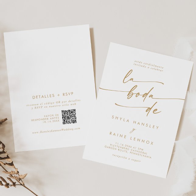 Invitación Boho Moda oro y código QR blanco Boda español (Boho Chic Gold and White QR Code Spanish Wedding Invitation)