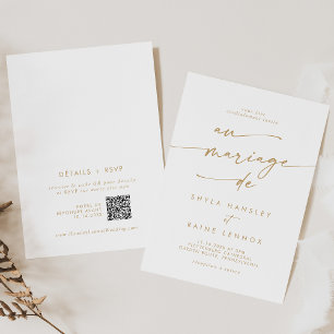 Invitación Boho Moda oro y código QR blanco Boda francés