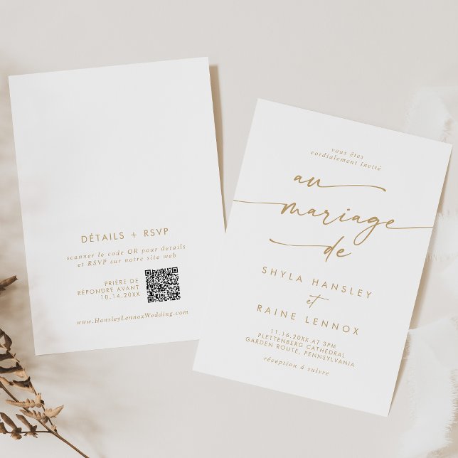 Invitación Boho Moda oro y código QR blanco Boda francés (Boho Chic Gold and White QR Code French Wedding Invitation)