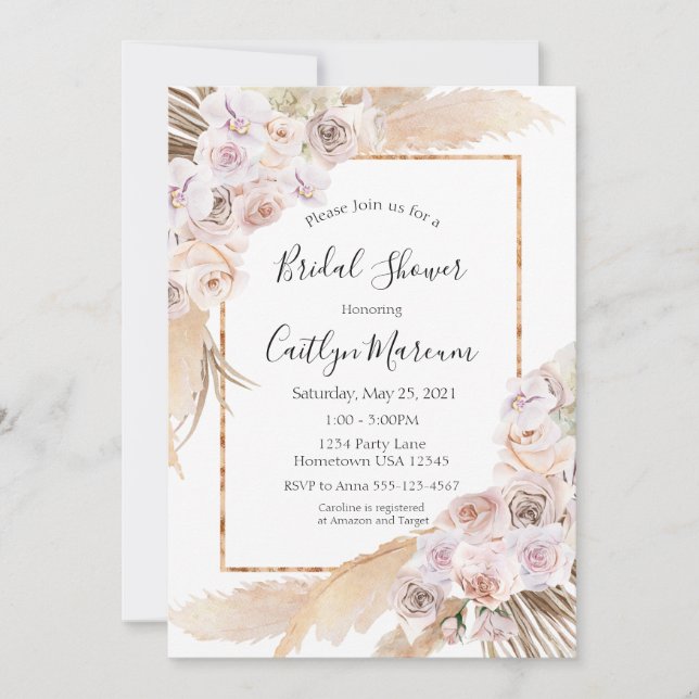 Invitación Boho moda orquídea pampas césped ducha de novia (Anverso)