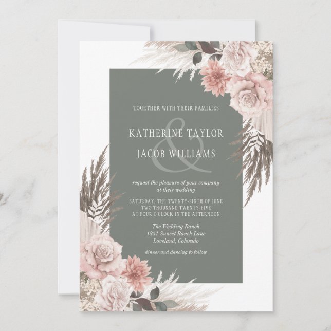 Invitación Boho Moda Pampas Boda de Floral Verde Masaje (Anverso)