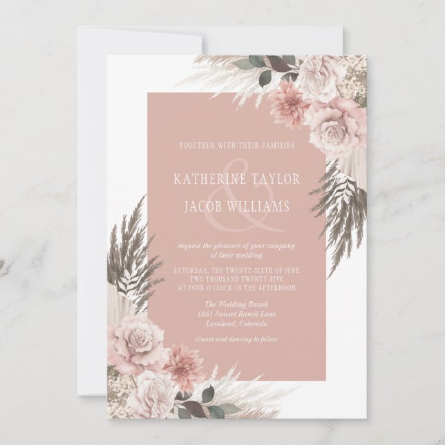 Invitación Boho Moda Pampas Boda de flores rosadas polvorient (Anverso)