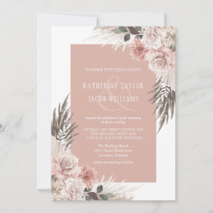 Invitación Boho Moda Pampas Boda de flores rosadas polvorient