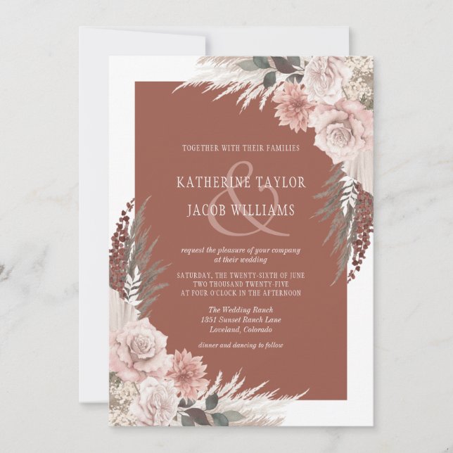 Invitación Boho Moda Pampas Boda Floral Terracotta Grass (Anverso)