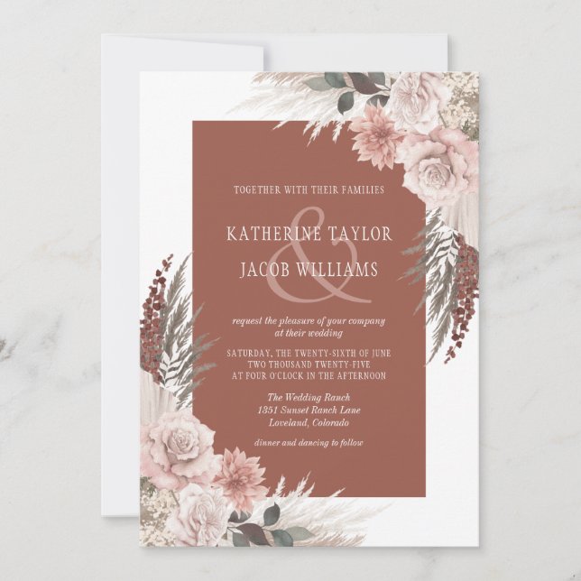 Invitación Boho Moda Pampas Boda Floral Terracotta Grass (Anverso)