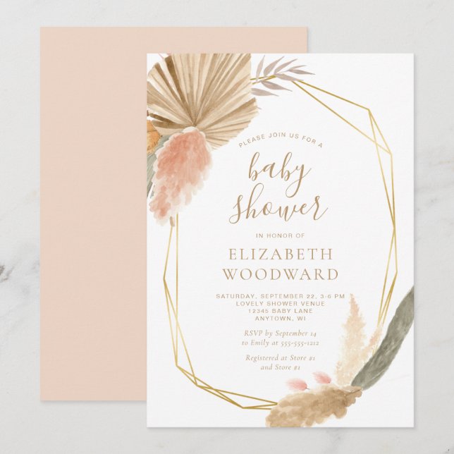 Invitación Boho Moda Pampas Grass Gold Frame Baby Shower (Anverso / Reverso)