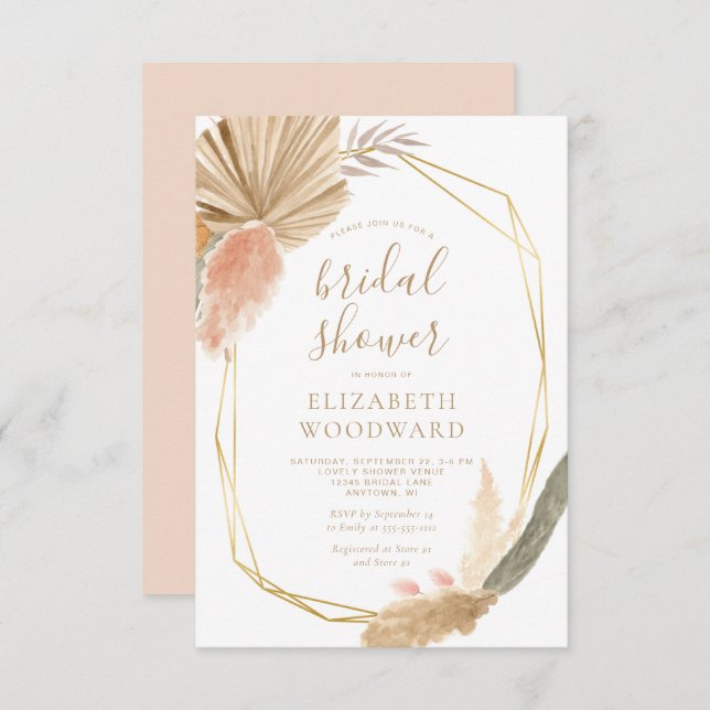 Invitación Boho Moda Pampas Grass Gold Frame Bridal Shower (Anverso / Reverso)