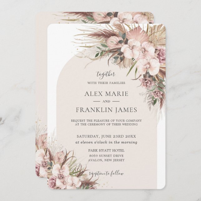 Invitación Boho Moda Pampas Grass Orchid Floral Arch Boda (Anverso / Reverso)