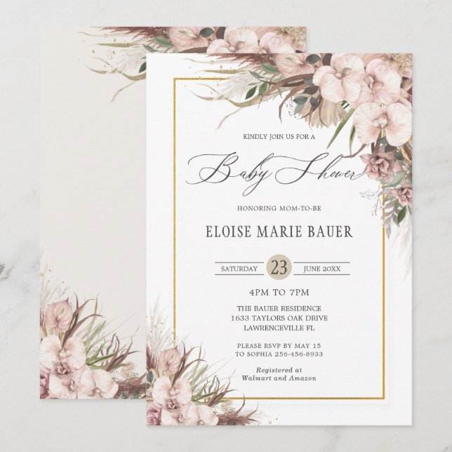 Invitación Boho Moda Pampas Grass Orchid Floral Baby Shower (Anverso / Reverso)