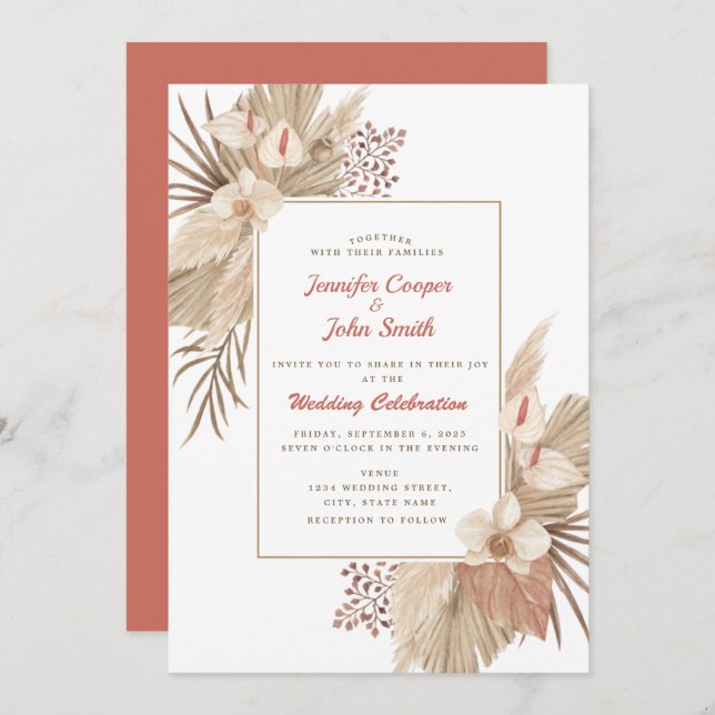 Invitación Boho Moda Pampas Grass Orchid Terracotta Boda (Anverso / Reverso)